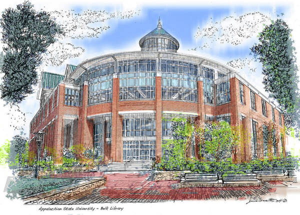 Ink and watercolor rendering of Belk Library at Appalachian State by James Beath