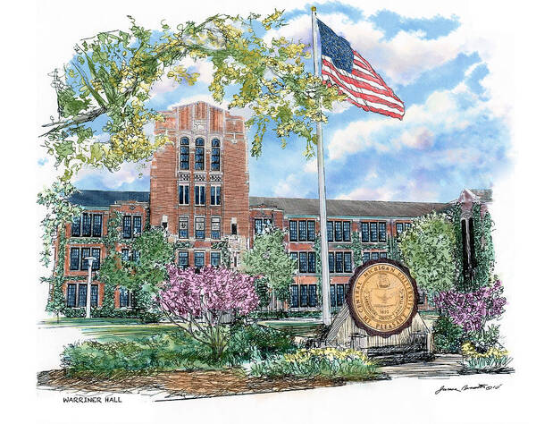 Ink and watercolor rendering of Warriner Hall at Central Michigan University by James Beath