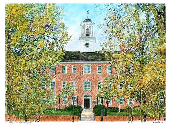 Ink and watercolor rendering of Cutler Hall at Ohio University by James Beath