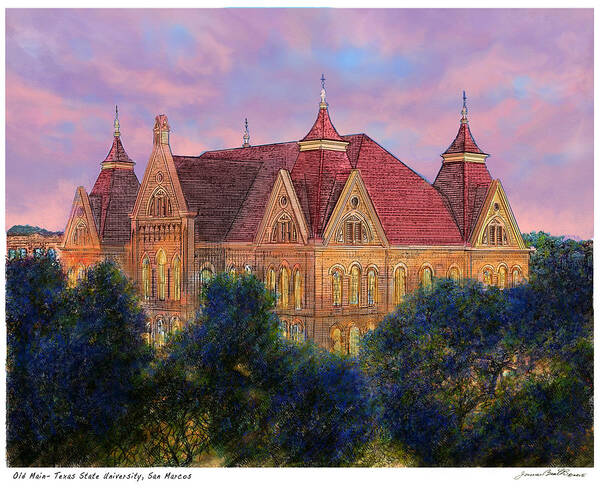 Ink and watercolor rendering of Old Main at Texas State University by James Beath