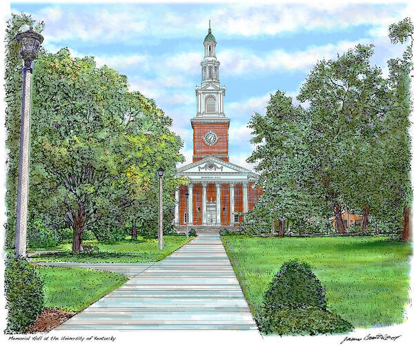 Ink and watercolor rendering of Memorial Hall at University of Kentucky by James Beath