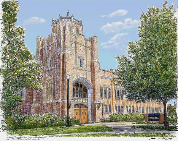 Ink and watercolor rendering of Gunther Hall at University of Northern Colorado by James Beath