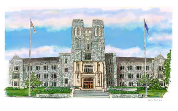 Ink and watercolor rendering of Burruss Hall at Virginia Tech by James Beath